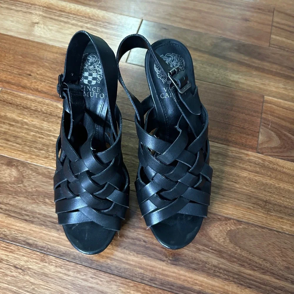 Vince Camuto Black Leather Woven Platform Block Heel Slingback Sandals 8.5M
